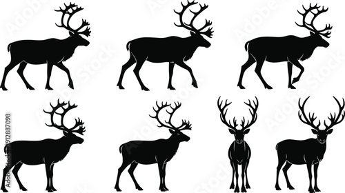 Wild reindeer silhouettes set, arctic deer with large antlers in various walking and standing poses, winter forest animal vector illustration for holiday design