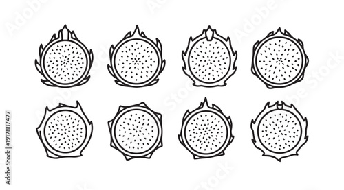 Dragon Fruit Halves Line Art Collection, Tropical Exotic Fruit Slice Icons, White Background, Stock Media