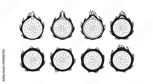 Dragon Fruit Slices, Flat Vector Icons, Tropical Exotic Fruit Halves