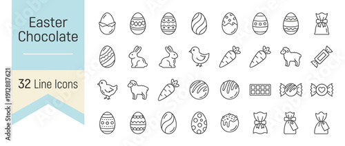 Set of 32 Easter Chocolate Line Icons Featuring Decorated Eggs, Bunnies, Chicks, Carrots, Sheep, Chocolate Bars, and Wrapped Candies in a Minimalist Outline Vector Style for Holiday Design Projects