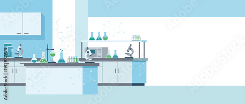 Panoramic Vector Illustration of a Modern Science Laboratory with Microscopes, Beakers, and Flasks on Lab Benches, Subtle Molecule Patterns in Background, and Ample Copy Space for Custom Text.