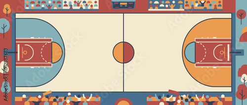 Panoramic top view vector illustration of a basketball court in a flat design style. Features a cheering crowd in the stands, court markings, and copy space for sports banners or web headers.