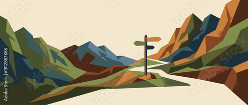Panoramic vector banner illustration of a winding hiking trail through a geometric mountain landscape with a wooden signpost pointing in different directions, perfect for nature and adventure.