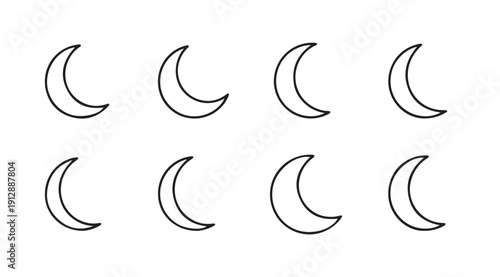 Eight Crescent Moon Icons on White Background, Simple Line Art Style
