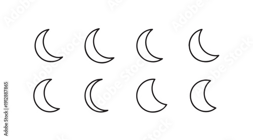 Eight Crescent Moon Icons, Subtle, Minimalist, Isolated on White Background, Stock Media