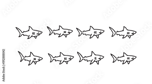 Eight Hand Drawn Sharks Swimming Together, Simple Line Art, Isolated on White