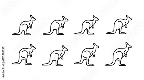 Eight Kangaroo Line Icons Pattern on White Background, Minimalist Australian Wildlife Symbol