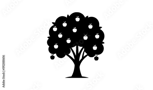 Apple Tree Silhouette Vector with Fruit Shapes Isolated on White Background