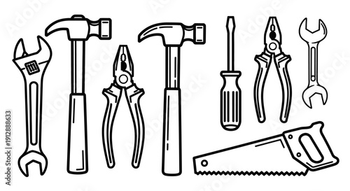 Versatile Construction and Repair Tool Set with Wrench, Hammer, Pliers, Screwdriver, and Saw, Isolated White Background.