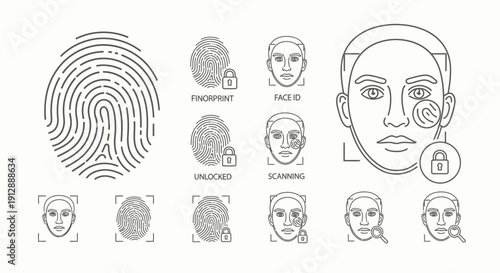 Biometric Authentication Icons with Fingerprint Scans and Face ID for Security and Access Control on a White Background.