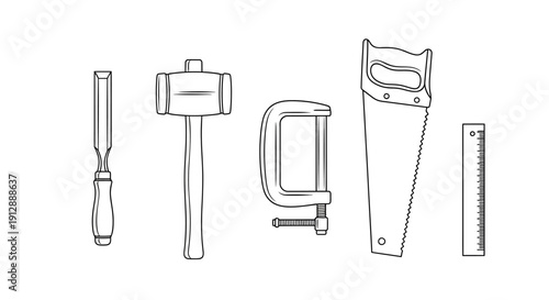 Essential Carpentry Tools Outline Icons with Chisel, Hammer, Clamp, Saw, and Ruler, Isolated White Background.