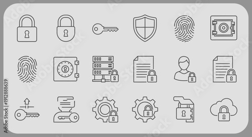 Comprehensive Security and Data Protection Outline Icons with Locks, Keys, Shield, Fingerprint, and Cloud Storage on a Grey Background.