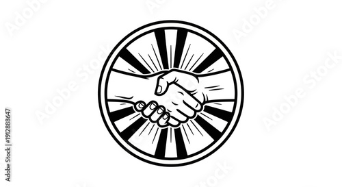 Strong Handshake in a Radial Burst Circle, Symbolizing Agreement, Partnership, and Trust, Isolated White Background.