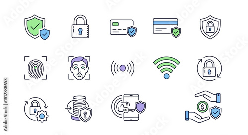 Colorful Set of Digital Security and Finance Icons Including Credit Card Protection, WiFi, and Biometric Lock, on a White Background.