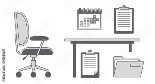Modern Office Workspace with Ergonomic Chair, Desk, Calendar, Clipboard, and Folder, Grey Scale on a White Background.