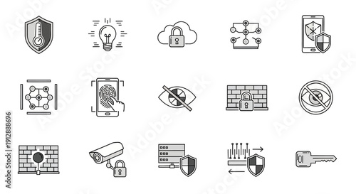 Detailed Cybersecurity and Data Privacy Icon Collection with Firewall, Cloud Lock, Biometrics, and Surveillance on Isolated White Background