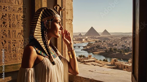 Egyptian Queen gazing out the window over ancient city