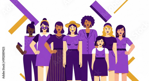 Diverse group of women and a girl in purple outfits standing together in unity and solidarity with geometric shapes