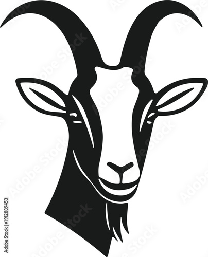 Stylized black and white goat head illustration with curved horns, bold symmetrical design element, livestock vector graphic, traditional animal artwork