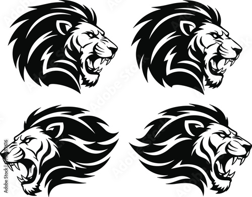 Stylized black and white vector illustration of lion head profiles in grid arrangement, bold mane lines symbolizing strength and aggression