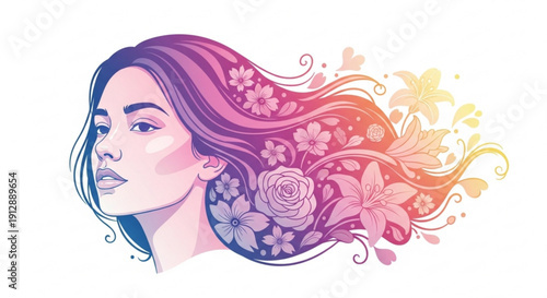 Woman with long hair and floral design elements in vibrant pink purple and yellow hues on white background
