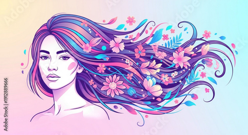 Woman with long hair and flowers in hair on pastel background colorful illustration