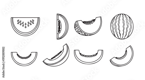 Melon Slices and Whole Watermelon Line Art Collection