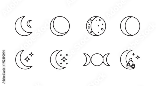 Moon Phases Icons with Stars and Meditation Symbol, Celestial Collection