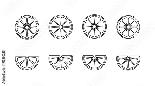 Orange Slices Outline Icons, Citrus Fruit Sections, Graphic Design Elements, Stock Media