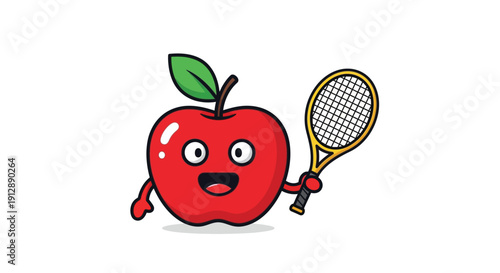 Cute Red Apple Cartoon Character Playing Tennis.