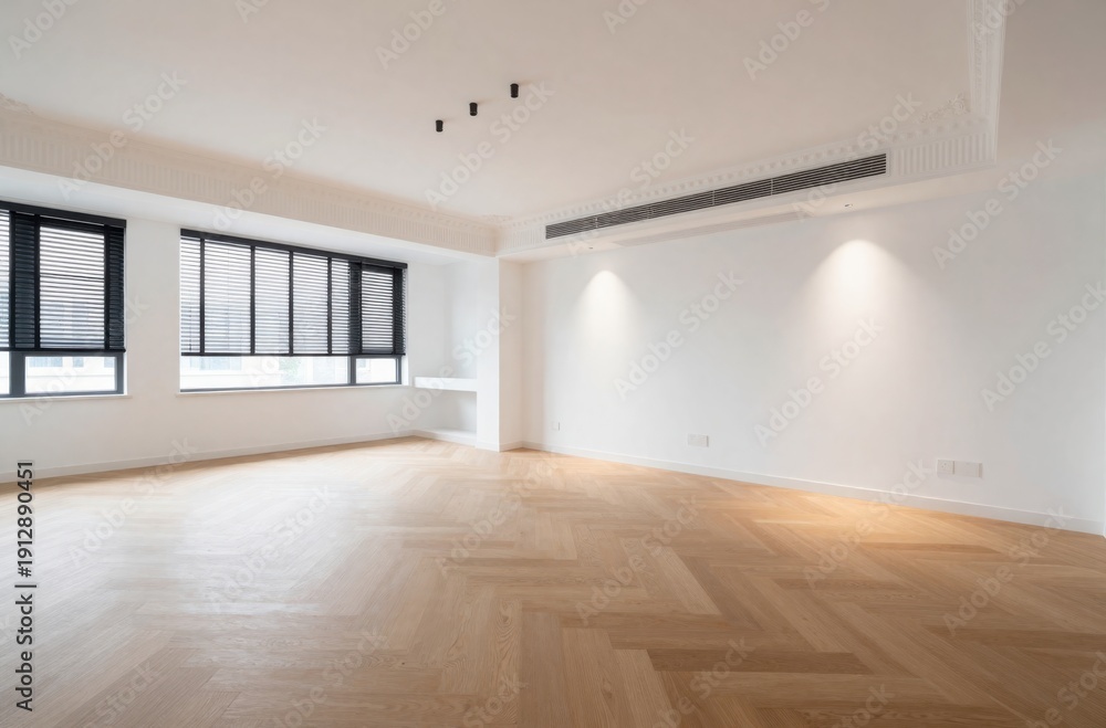 Fototapeta premium Bright Empty Room with Windows, Wooden Herringbone Floor, and White Walls, Ideal for Interior Design Mockups
