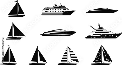 Boat and Yacht Silhouette Icon Set with Sailboats, Luxury Yachts, Cruise Ships, and Speedboats for Marine Travel, Nautical Design, and Transportation Projects