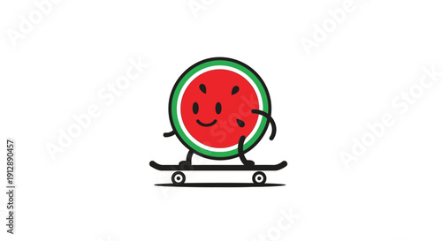 Cute watermelon character skateboarding on a white background.