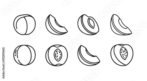 Peach Fruit Various Slices and Halves Line Art Icons Set