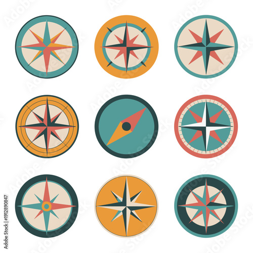 Wind Rose Compass Flat Vector Symbols, Marine Navigation