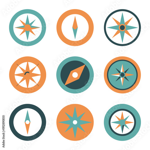 Wind Rose Compass Flat Vector Symbols, Marine Navigation