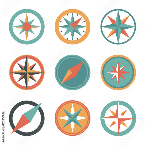 Wind Rose Compass Flat Vector Symbols, Marine Navigation