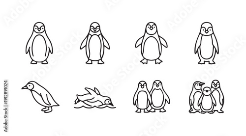Penguin Icons Collection: Standing, Swimming, and Groups, Line Art Style