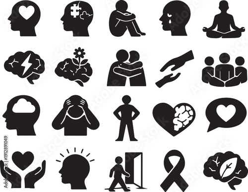 Comprehensive Mental Health and Emotional Wellness Icon Set: Vector Silhouettes for Psychology, Depression, Anxiety, Support, Healing, and Cognitive Function Concepts