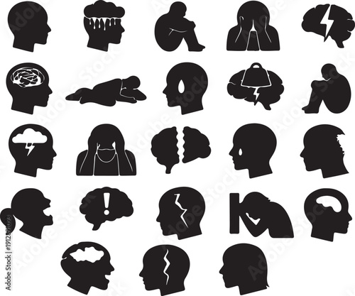 Comprehensive Vector Collection of Mental Health Icons Illustrating Emotional Pain, Depression, Anxiety, Stressful Minds, Psychological Trauma, and Distress Silhouettes.