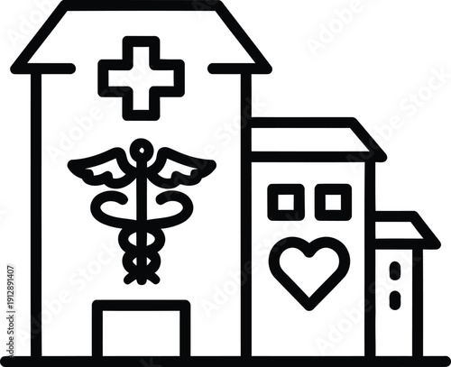 Simple line drawing of a hospital building with medical symbols and a heart.
