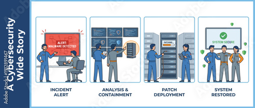 Vector Illustration Set of a Cybersecurity Team Responding to a Malware Incident: Alert, Analysis, Containment, Patch Deployment, and System Restored for Network Security and Data Protection.