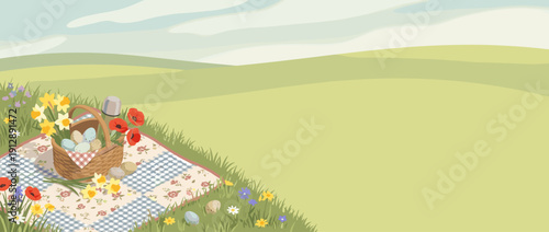 Panoramic vector banner illustration of a spring picnic scene with a blanket, wicker basket filled with colorful Easter eggs, daffodils, and poppies on rolling green hills under a blue sky.
