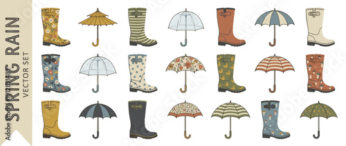 Vintage spring rain icon set featuring 20 vector illustrations of rubber boots and umbrellas in muted tones with retro patterns like floral, stripes, and polka dots for seasonal weather design.