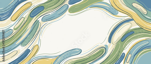 Panoramic Abstract Vector Banner Illustration with Organic Capsule Shapes in Blue, Green, and Yellow Tones, Ideal for Pharmacy, Healthcare, and Medical Backgrounds with Central Copy Space