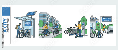 Set of four vector illustrations depicting urban shared mobility concepts like electric bike rental, cycling in city lanes, e-scooter sharing stations, and integrated public transit hubs.
