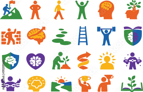 Comprehensive Collection of Personal Development, Success, and Growth Vector Icons. Pictograms Representing Mindset, Motivation, Achievement, and Mental Well-being Concepts.