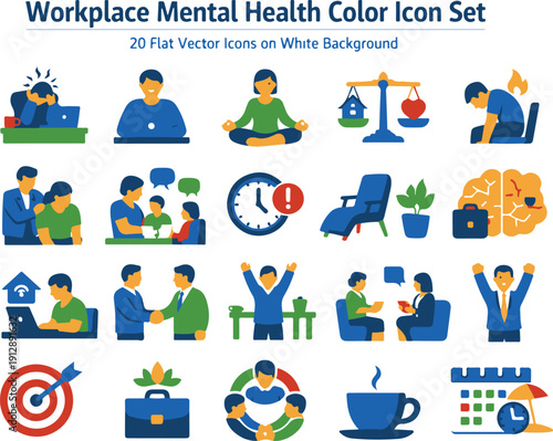 Essential 20 Icons Set for Corporate Mental Wellness: Stress Management, Burnout Prevention, Work-Life Balance, and Employee Support Programs. Flat Vector Graphics.