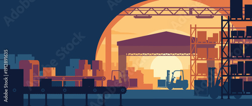 Panoramic vector illustration of a warehouse silhouette with forklifts, conveyor belts, and storage racks at sunset. Industrial banner for logistics, shipping, and supply chain management themes.