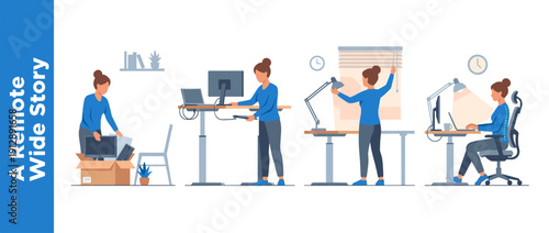 Set of 4 Vector Illustrations of a Woman Setting Up an Ergonomic Home Office: Unpacking Equipment, Using a Standing Desk, Adjusting Lighting, and Maintaining Healthy Sitting Posture at Work